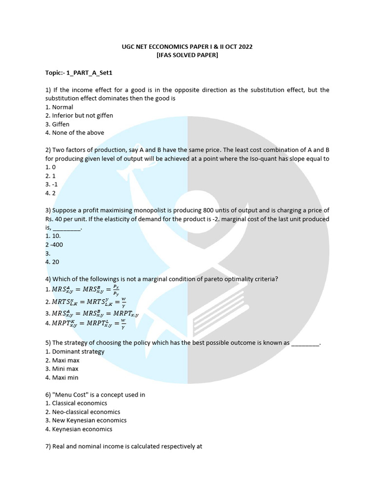 Ugc Net Ecconomics Paper I & Ii Oct 2022 (Ifas Solved Paper) Topic:-1 ...