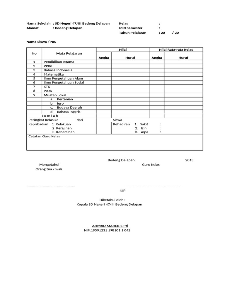 Rapor Mid Semester SD Negeri 47/III | PDF