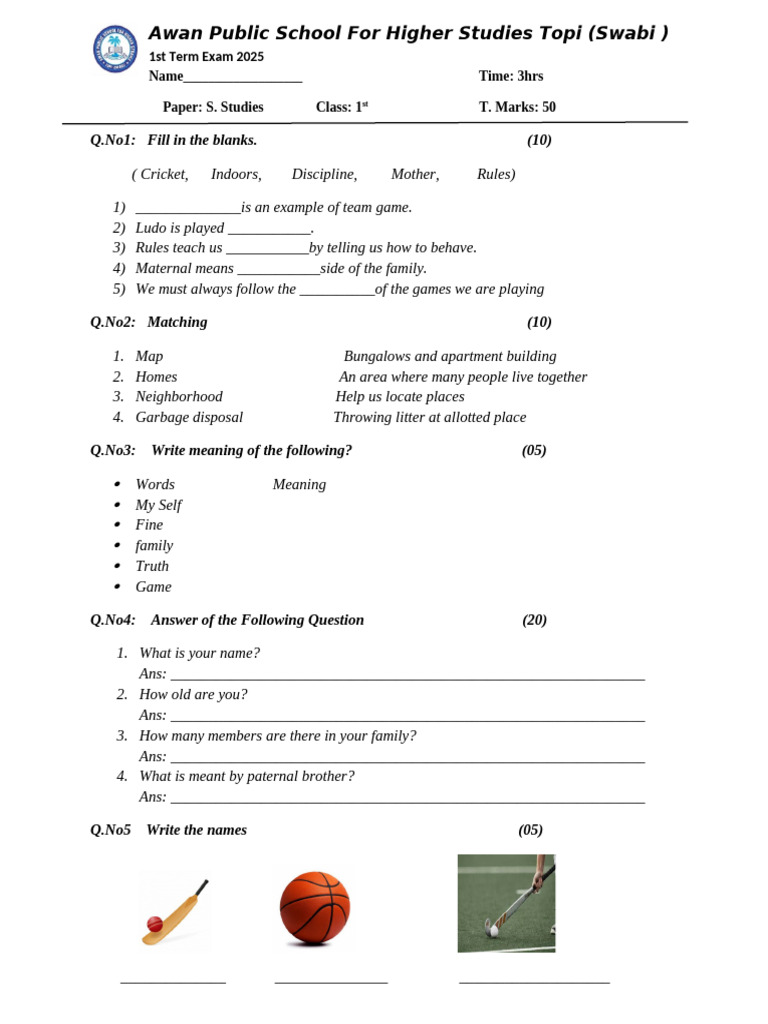 1st Term Exam Paper for Class 1 S. Studies | PDF