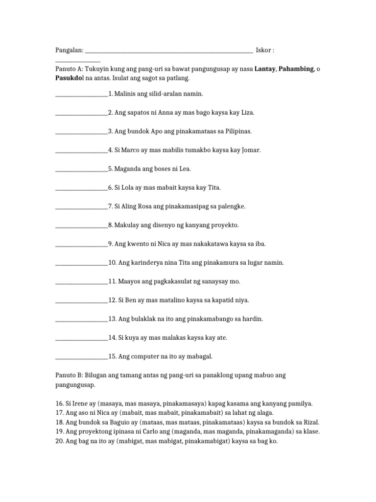 Lantay Pahambing Pasukdol Grade5 Worksheet | PDF