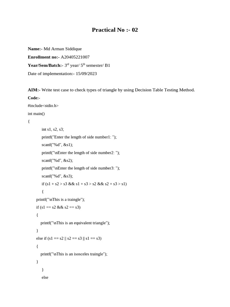 Triangle Type Testing with Decision Table | PDF