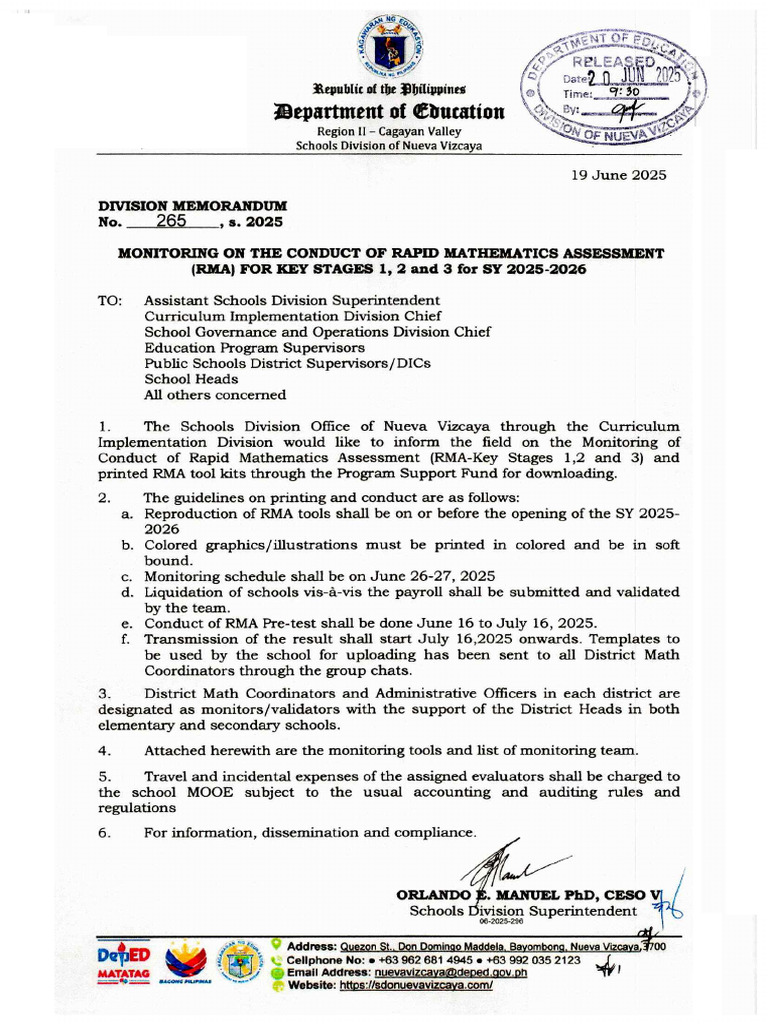 DM No. 265 S. 2025 Monitoring On The Conduct of Rapid Mathematics ...