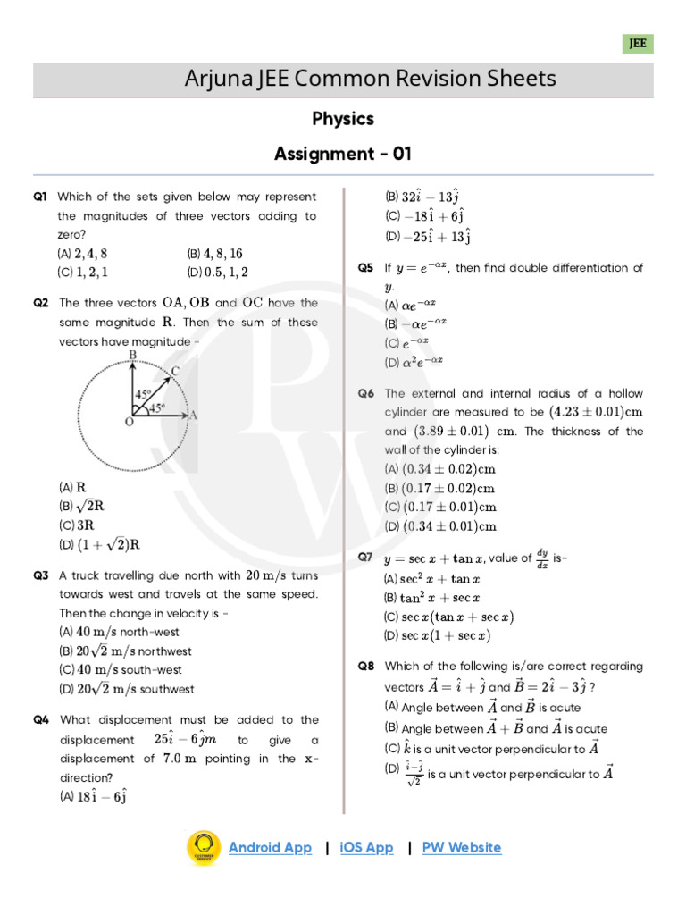 JEE Physics Assignment Questions and Answers | PDF | Euclidean Vector ...