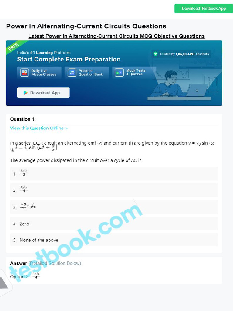 MCQ On Power in Alternating Current Circuits 5eea6a1339140f30f369efe1 | PDF