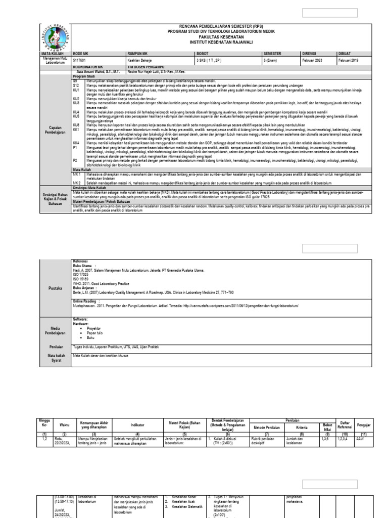RPS - Manajemen Mutu Lab (ATLM) - 2023 | PDF