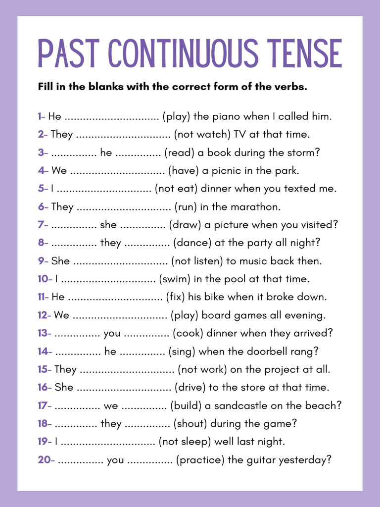 Past Continuous Tense Worksheet in Purple White Basic Style | PDF