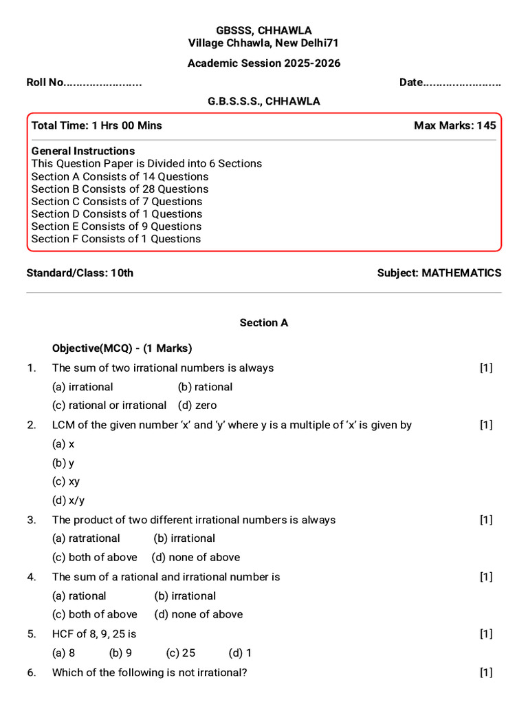 Class 10 Mathematics Question Paper | PDF | Numbers | System Of Linear ...