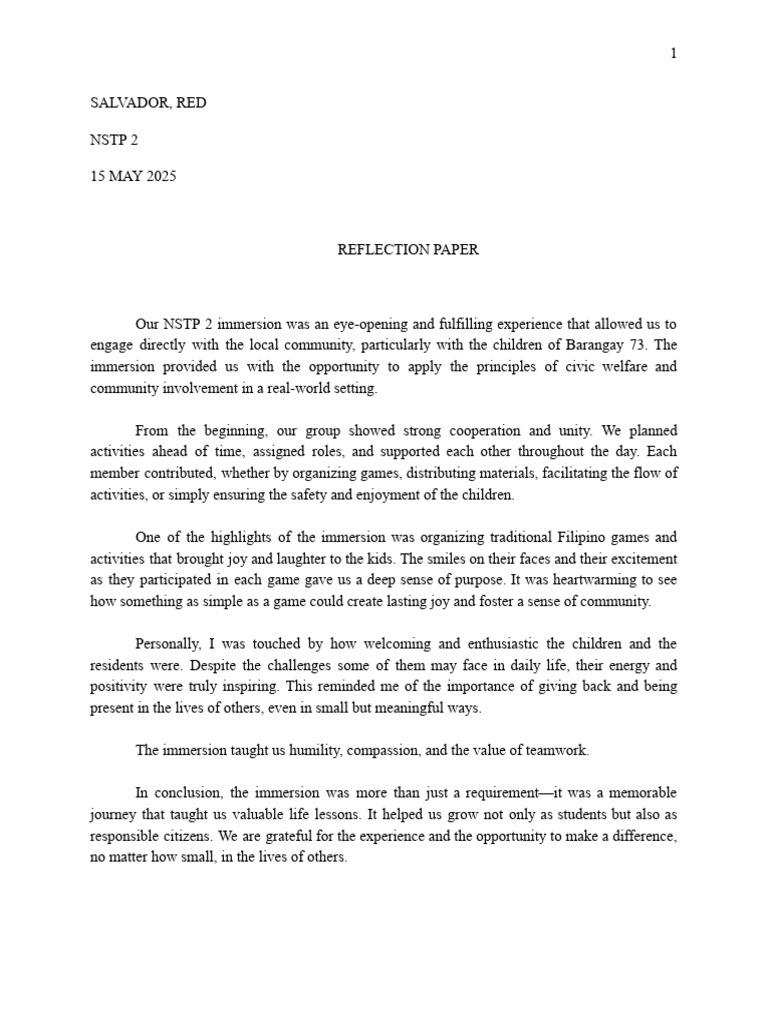 NSTP 2 Reflection on Community Immersion | PDF