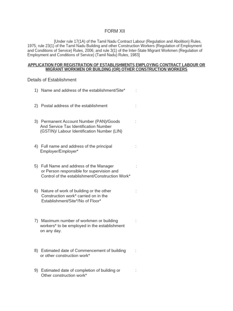 Form XII Registration for Contractors | PDF
