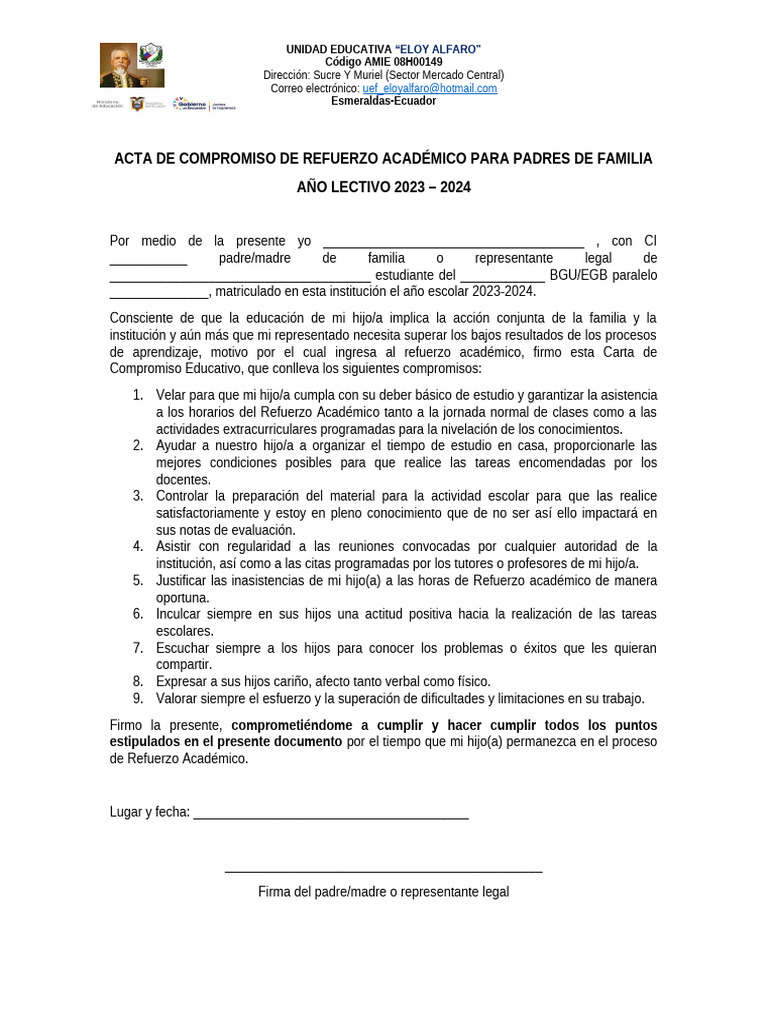 Acta de Compromiso de Refuerzo Académico para Padres de Familia | PDF ...