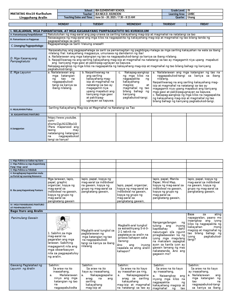DLL - GMRC 4 - Q1 - W1 | PDF