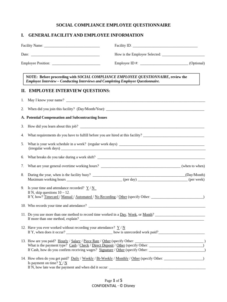 Employee Questionnaire June 2016 | PDF | Salary | Overtime