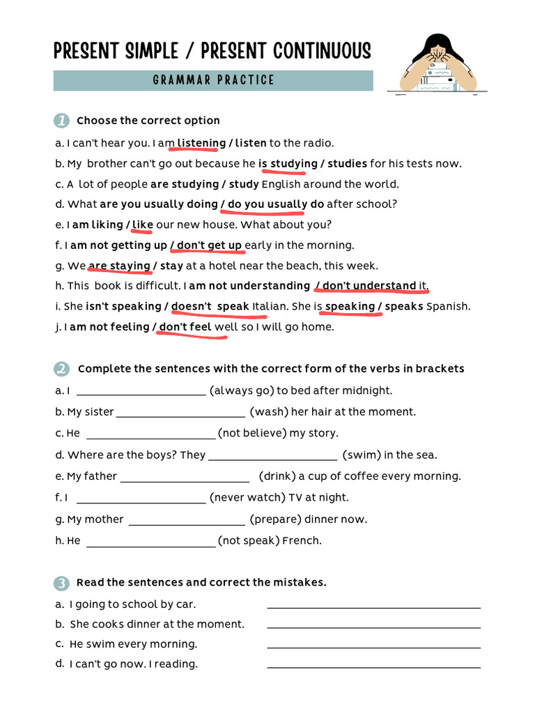 Present Simple vs Continuous Exercises | PDF | English Language | Syntax