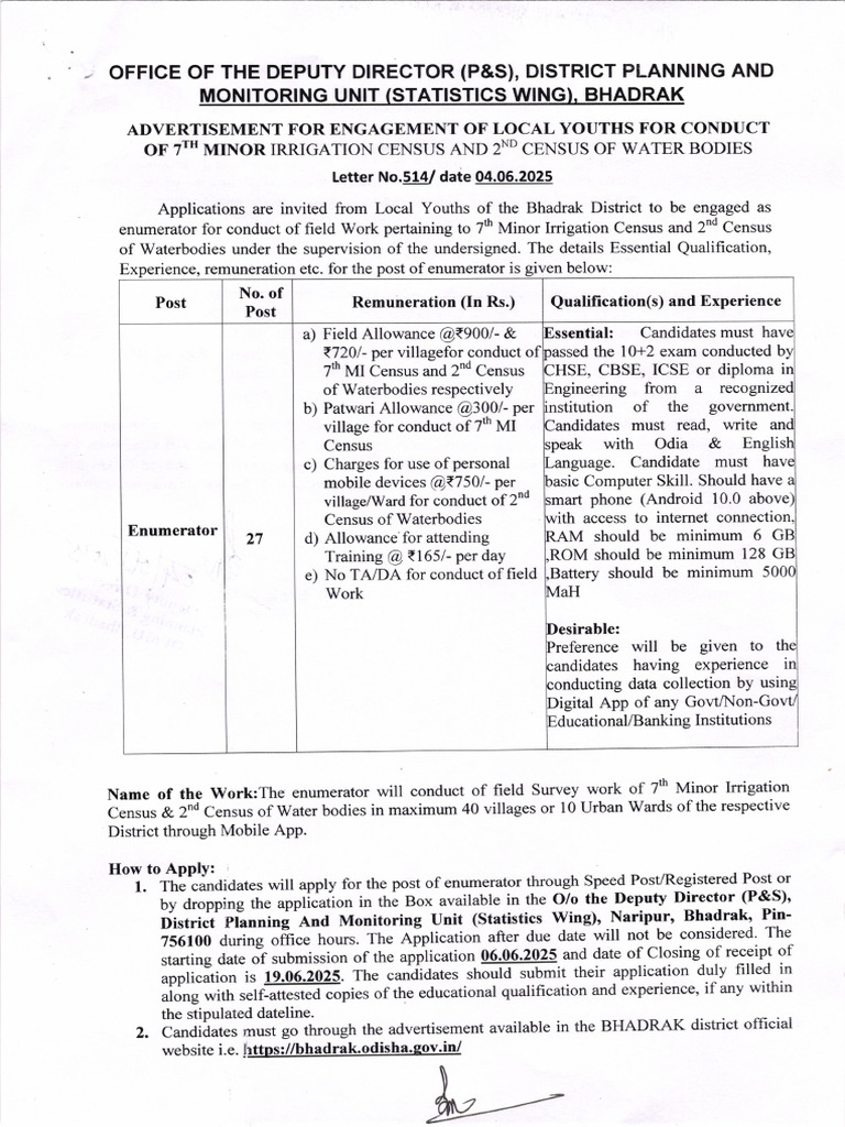 Enumerator Recruitment for 7th MI Census | PDF | Statistical Data Sets