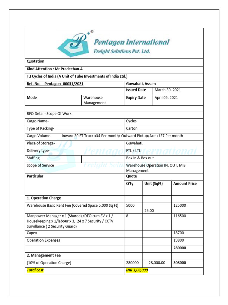 Warehouse Management Quotation for Cycles | PDF | Cargo | Warehouse