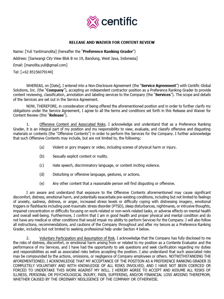 Contractor Liability Waiver Agreement | PDF | Arbitration | Risk