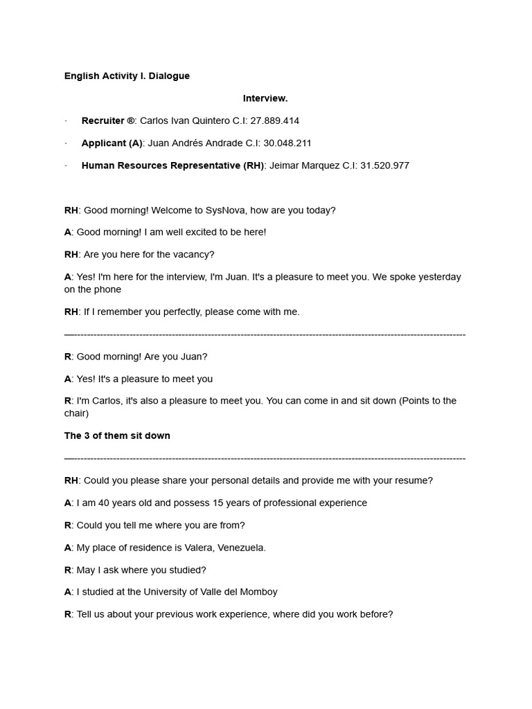 Interview Dialogue Completion Exercise | PDF