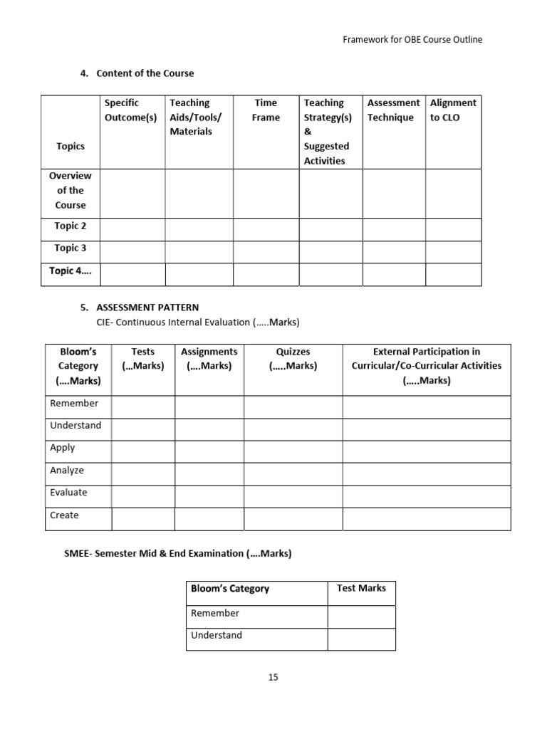 CIE-Continuous Internal Evaluation : Framework For OBE Course Outline | PDF
