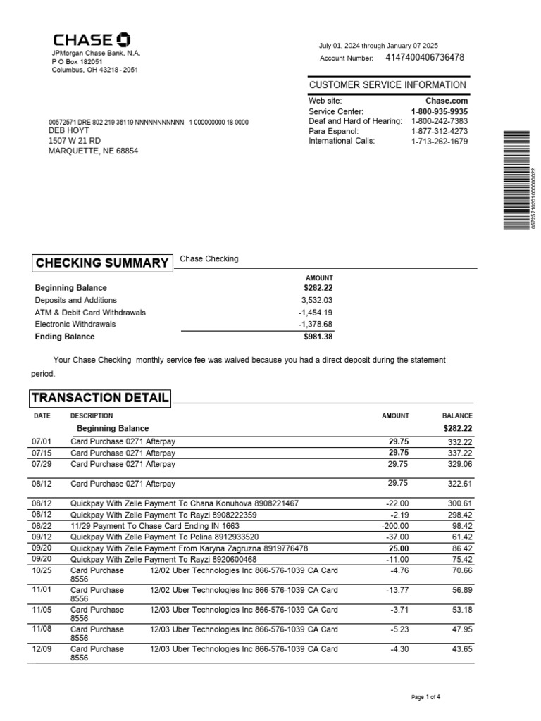 Chase Checking Account Summary | PDF | Banks | Automated Teller Machine