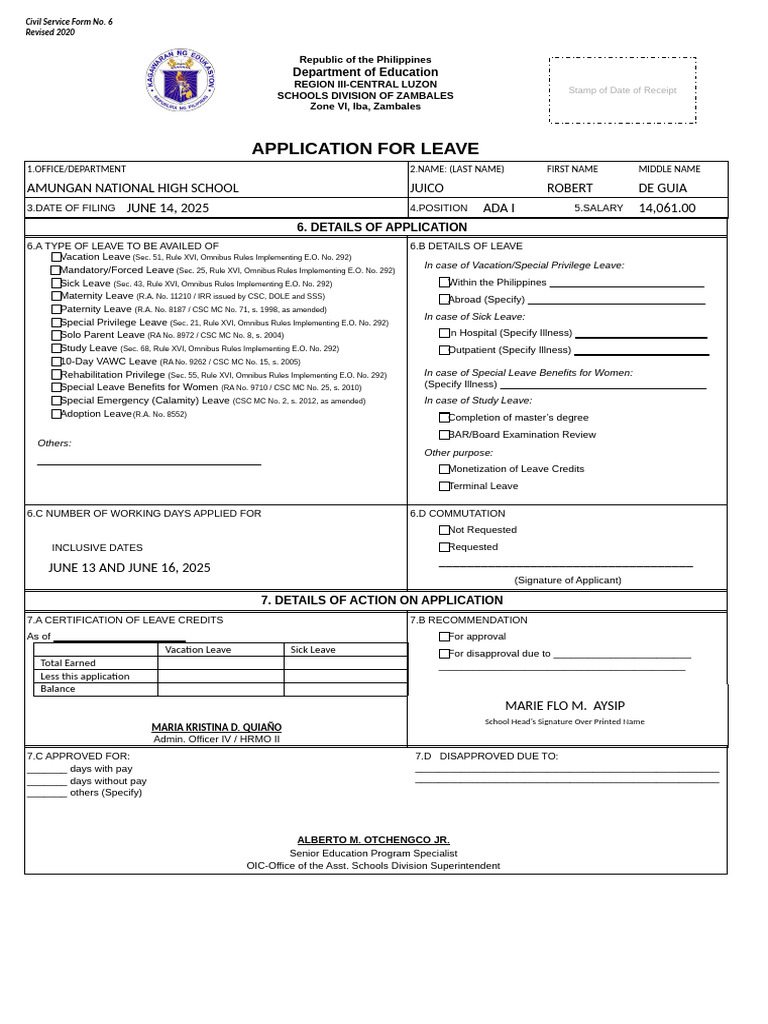 Leave Application Form for Teachers | PDF