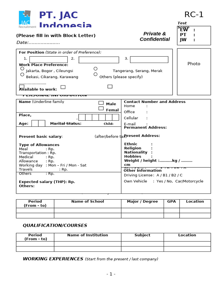 PT. JAC Indonesia Application Form | PDF