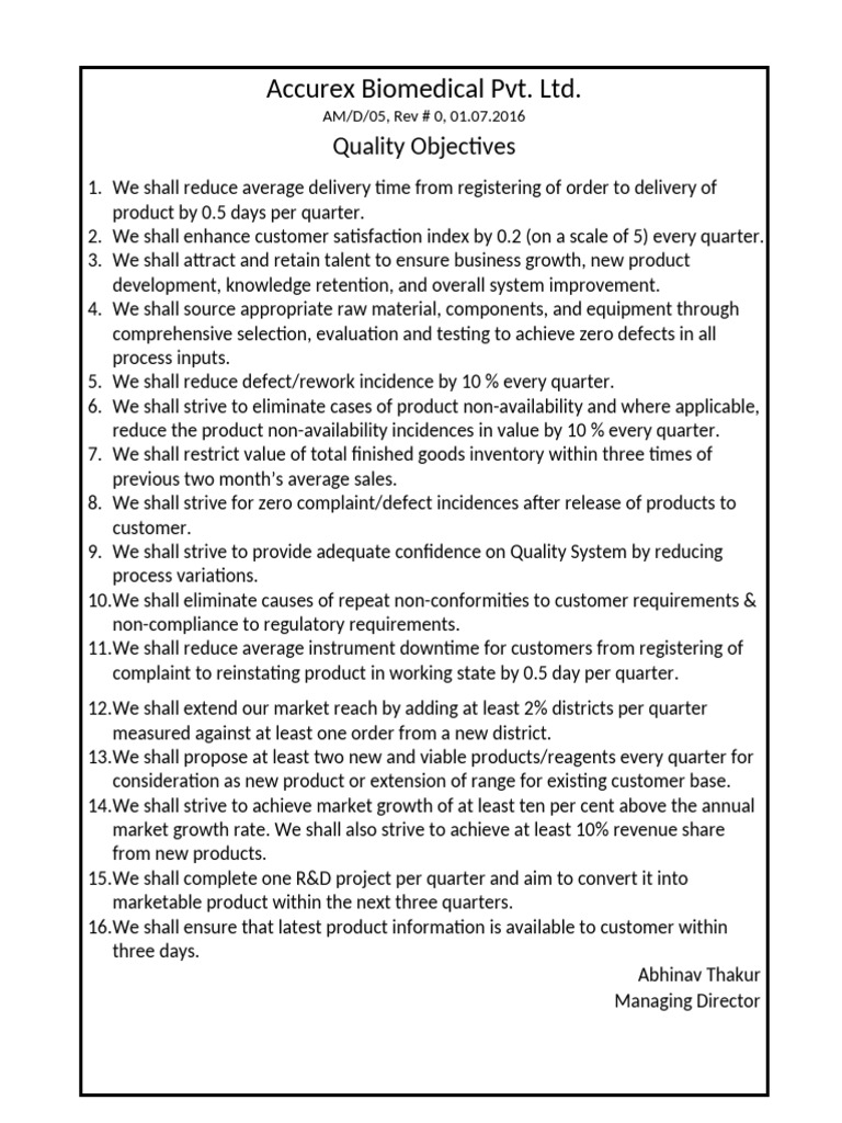 Accurex Biomedical Quality Objectives | PDF