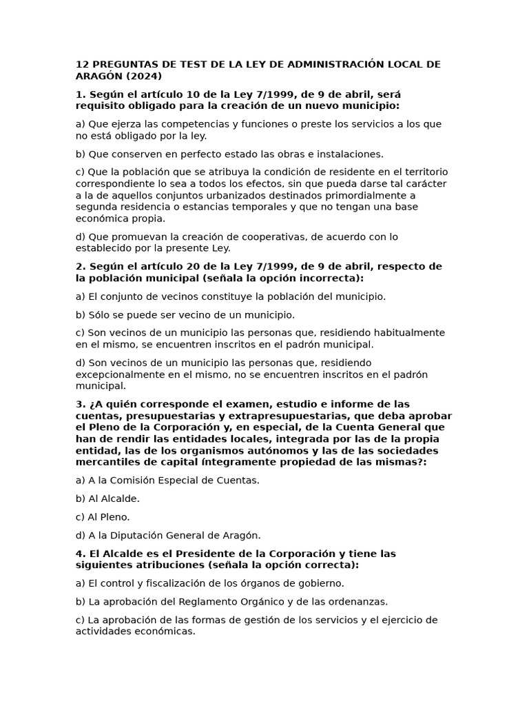 Test Ley Administración Local Aragón 2024 | PDF | Gobierno local | Alcalde