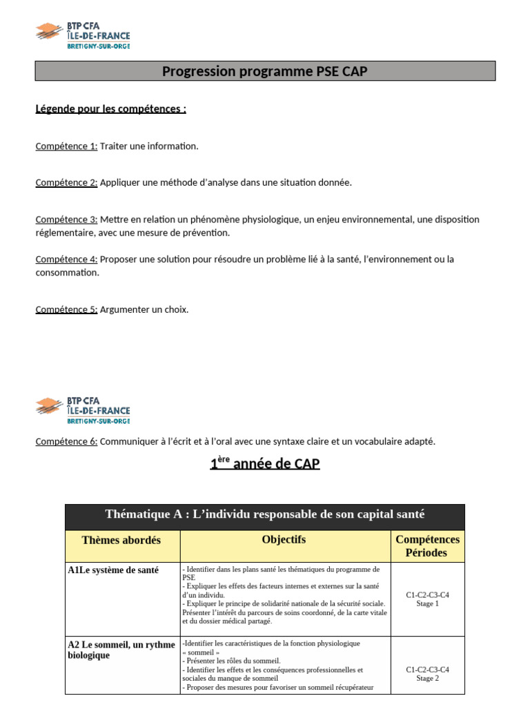 Progression PSE pour le CAP | PDF | Santé et sécurité au travail ...