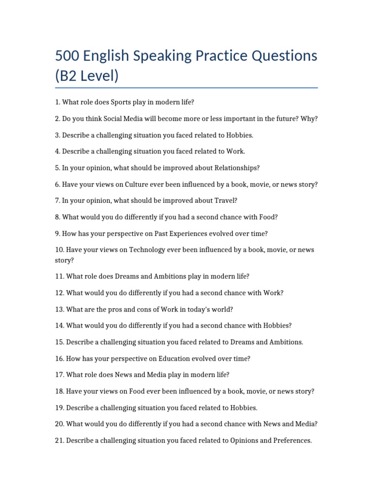 500 B2 English Speaking Questions | PDF | News | Society