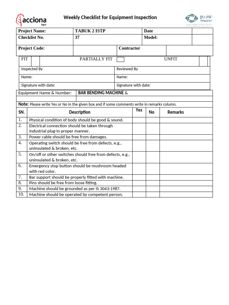 Checklist For Equipment Inspection Bar Bending Machine | PDF
