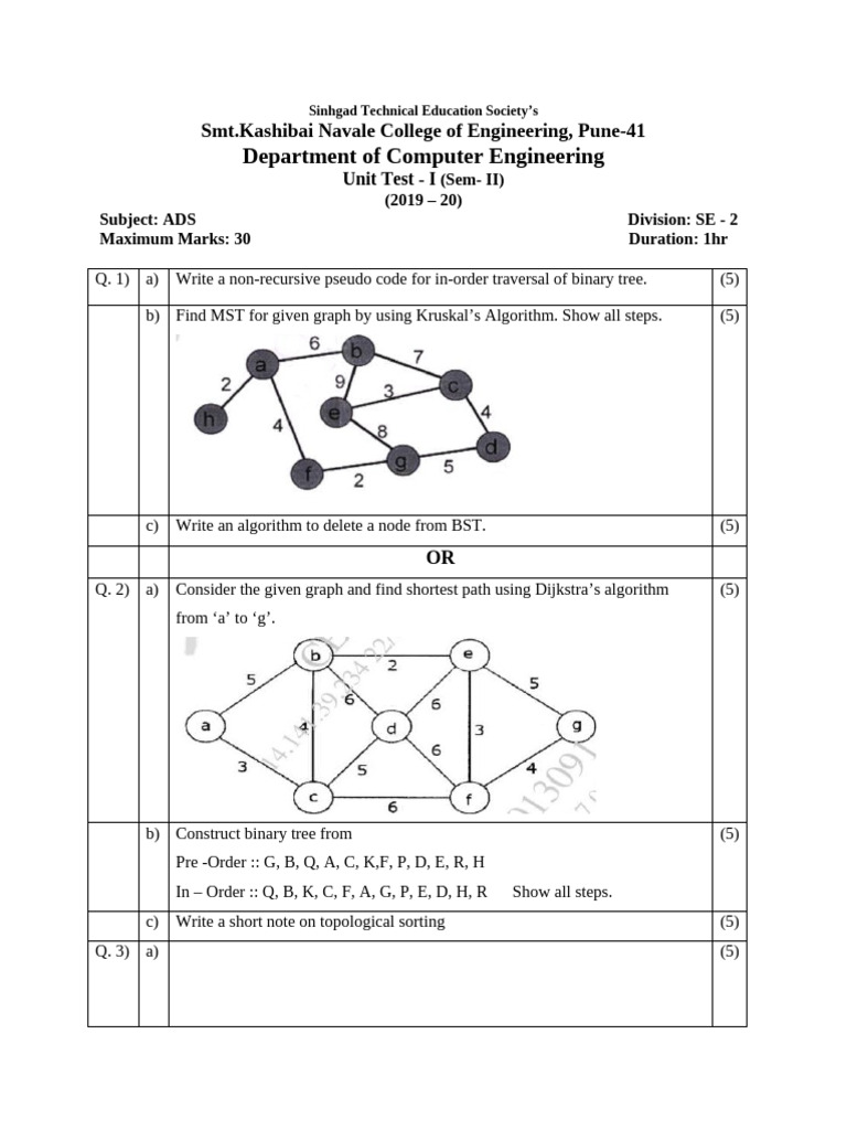 ADS Unit Test - Computer Engineering | PDF