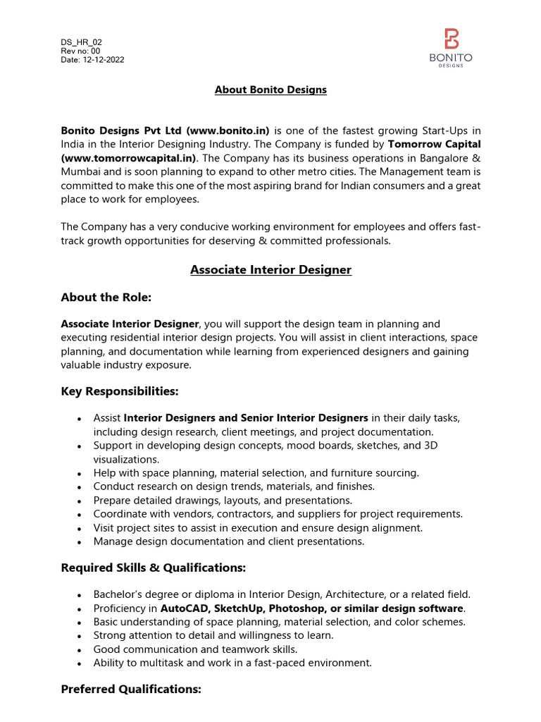 Associate Interior Designer Position at Bonito | PDF | Interior Design