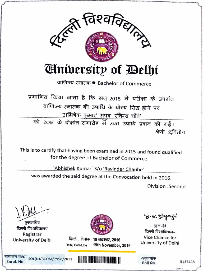 Delhi University BA Degree Certificate | PDF