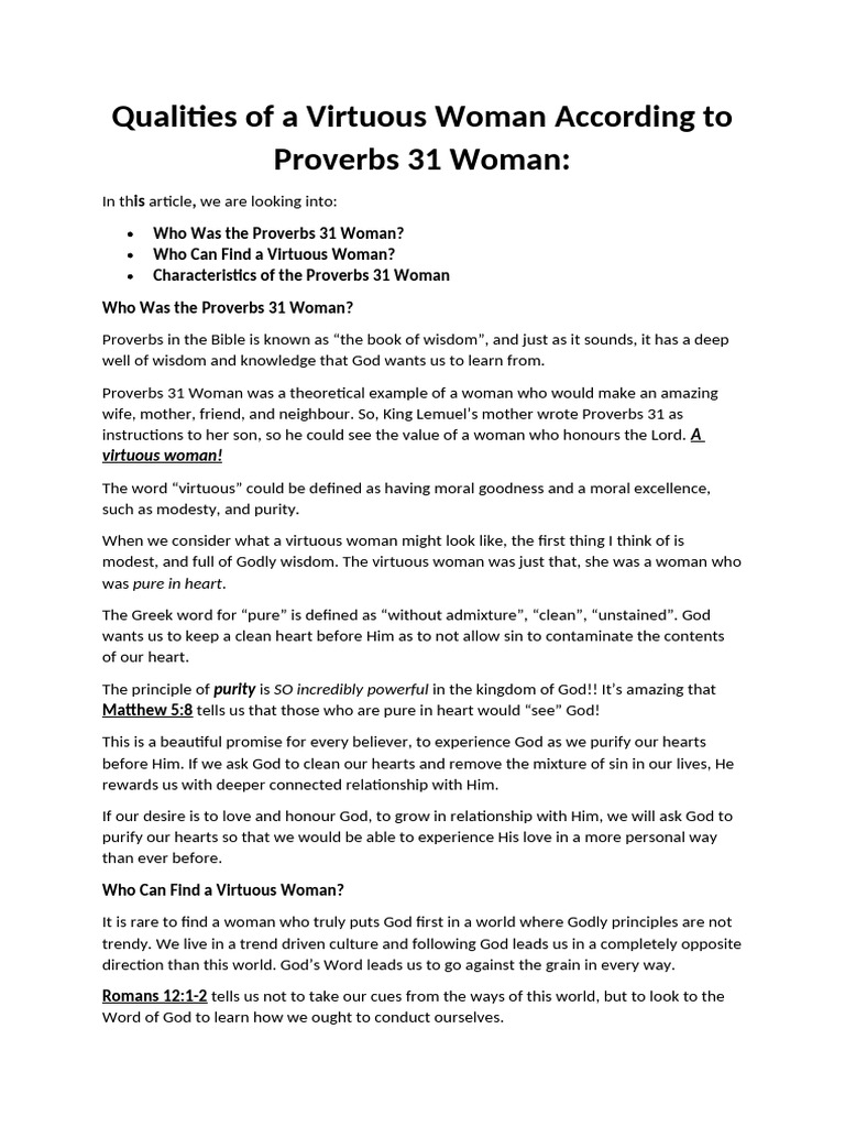 Characteristics of a Virtuous Woman | PDF | Book Of Proverbs | Virtue