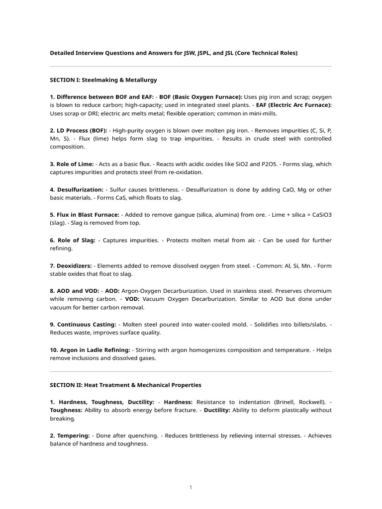 JSW & JSL Interview Guide: Metallurgy Focus | PDF | Hardness | Steel