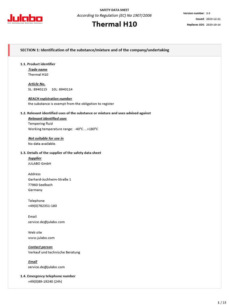 Thermal H10 Safety Data Sheet | PDF | Dangerous Goods | Toxicity