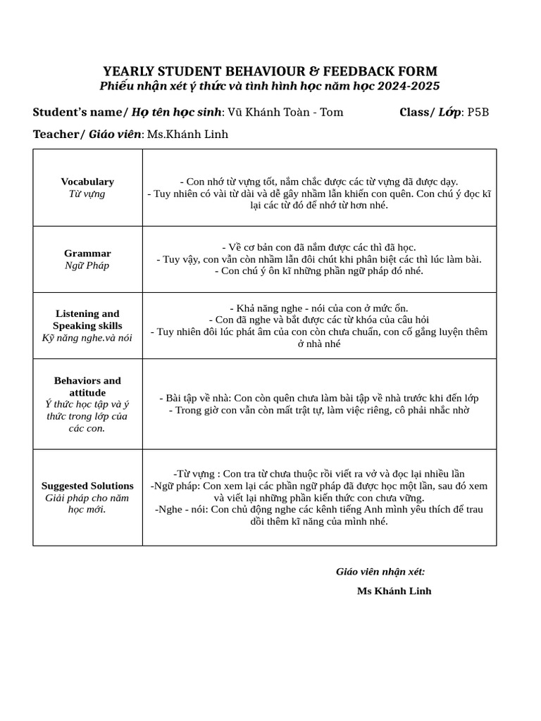 Tom - Yearly Student Behaviour | PDF