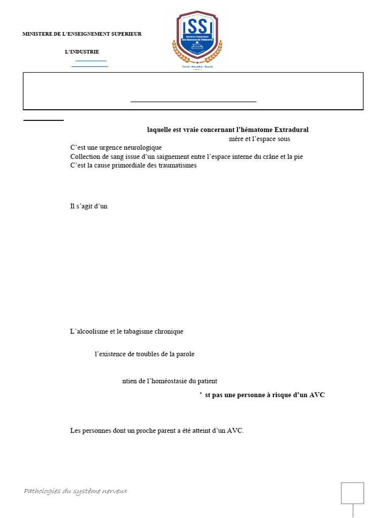 Pathologies du Système Nerveux : QCM et QROC | PDF | Accident ...