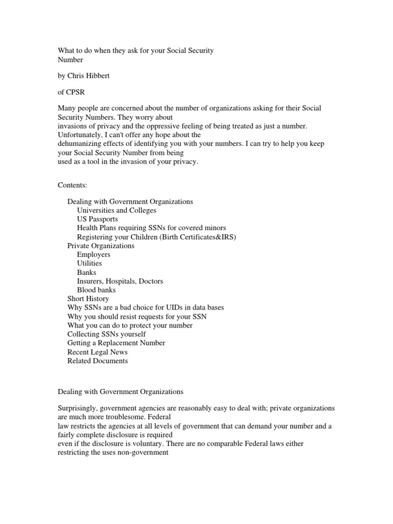 What To Do When They Ask For Your Social Security Number PDF Social