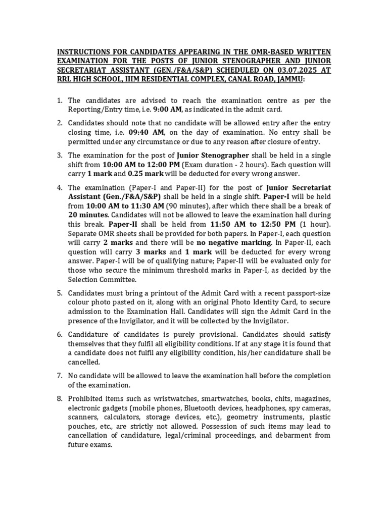 Junior Stenographer & JSA Exam Instructions | PDF