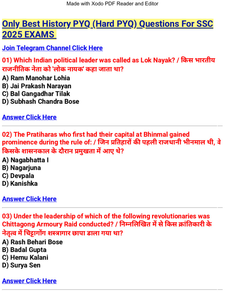 Best CGL 2024 History PYQ (Hard Questions) | PDF