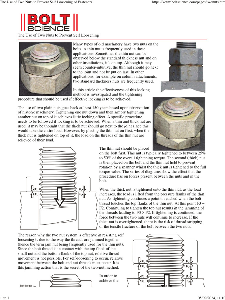 The Use of Two Nuts To Prevent Self Loosening of Fasteners | PDF | Nut ...