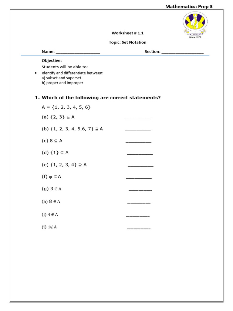 Grade 7 Set Notation Worksheet 1.1 | PDF | Subset | Mathematical Concepts