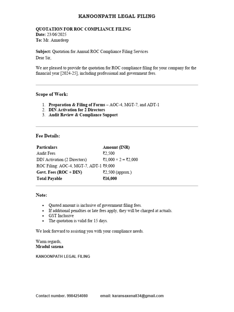 ROC Compliance Filing Quotation | PDF