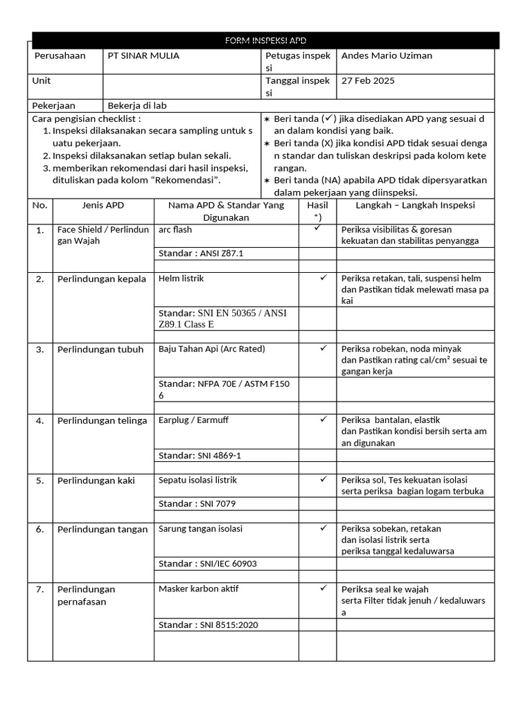 Form Inspeksi APD PT Sinar Mulia | PDF