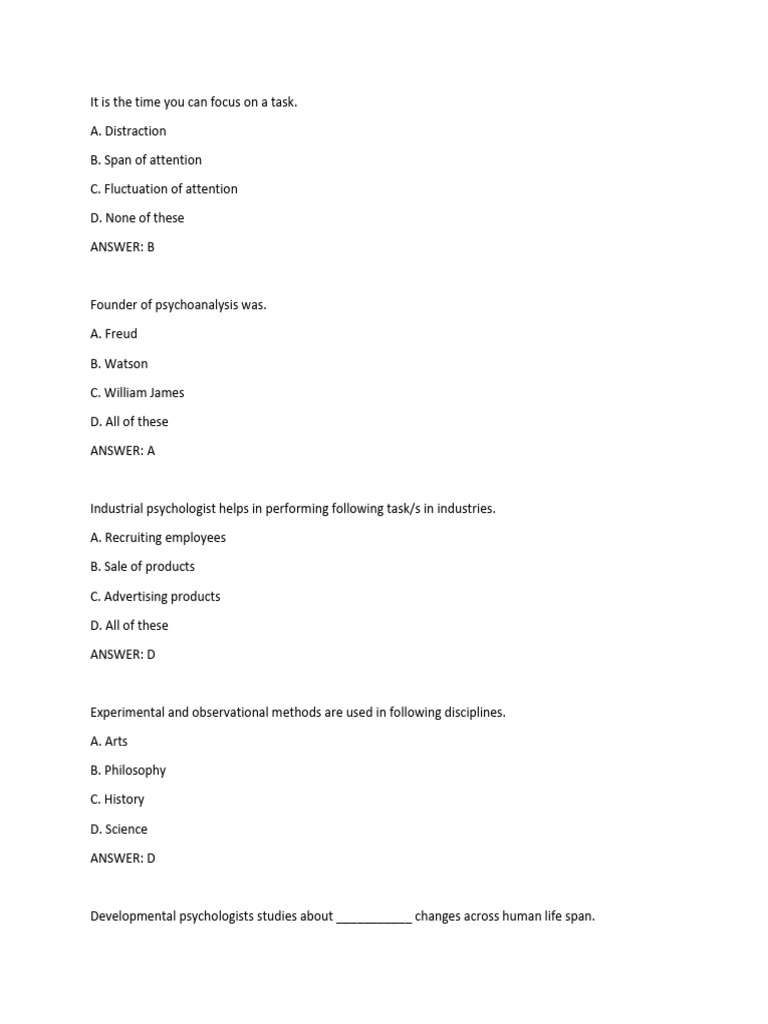Psychology Quiz Questions and Answers | PDF | Psychology | Classical ...