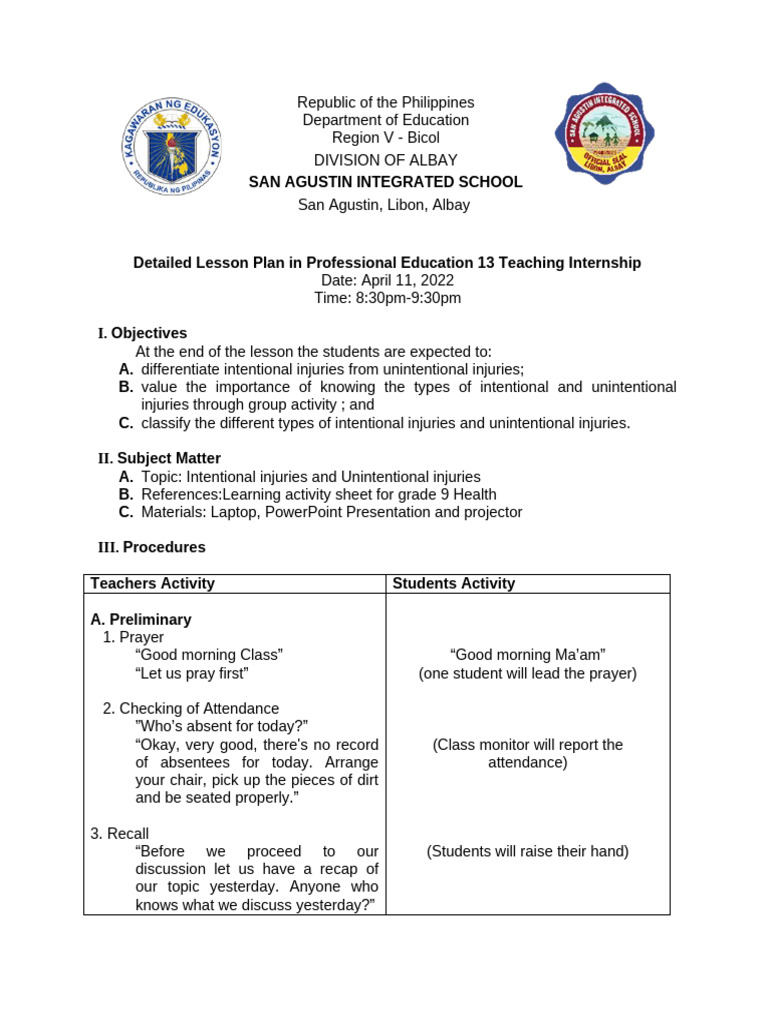 Lesson Plan on Injury Types in Education | PDF | Aggression | Violence