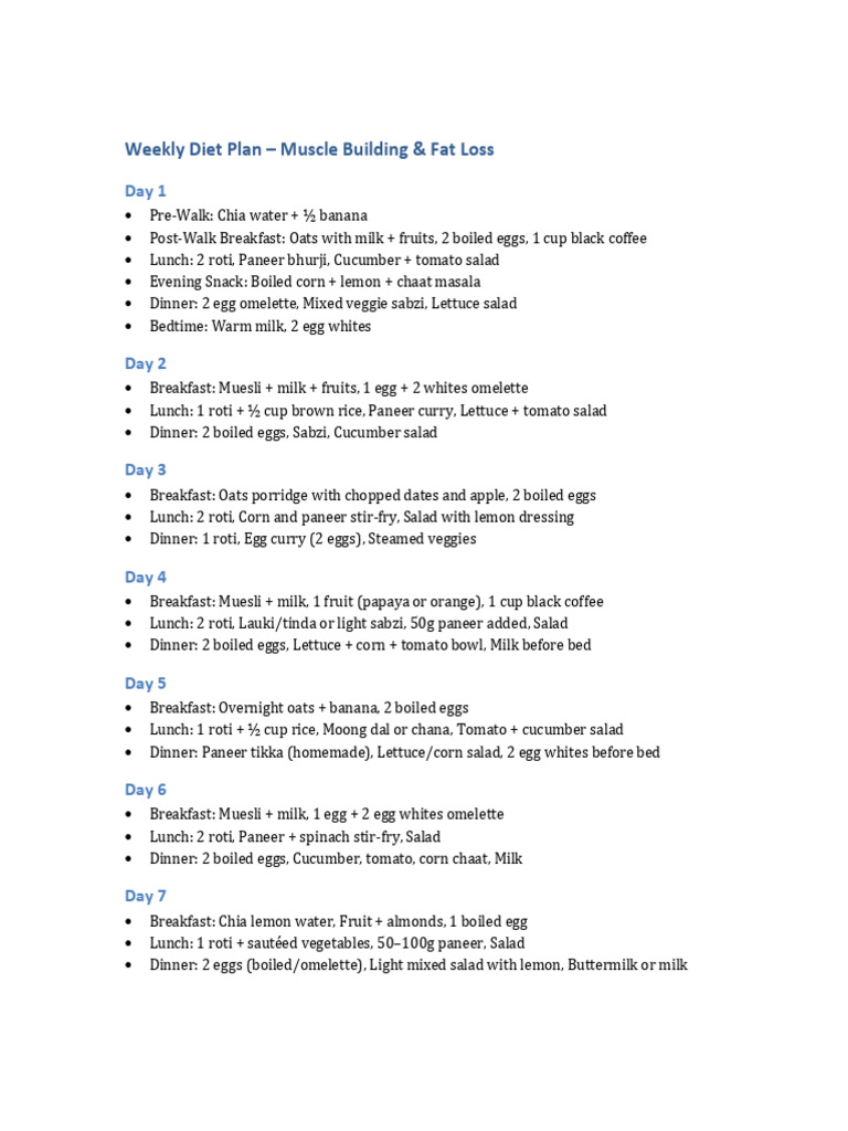 Weekly Diet Plan Muscle FatLoss | PDF