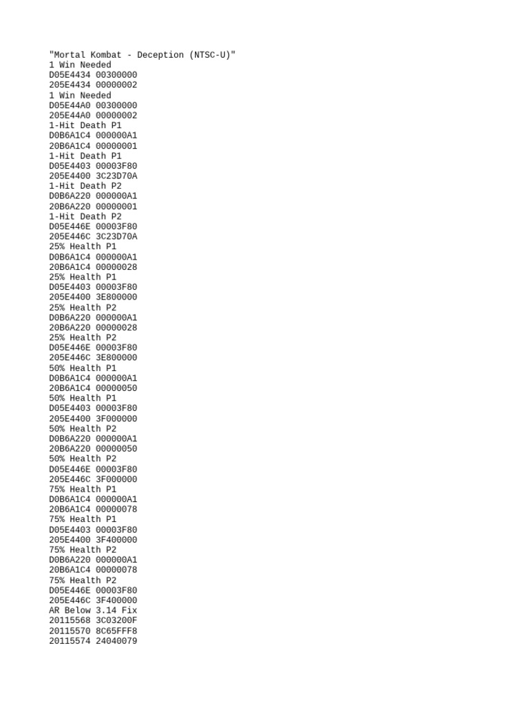 Mortal Kombat Deception Cheat Codes | PDF