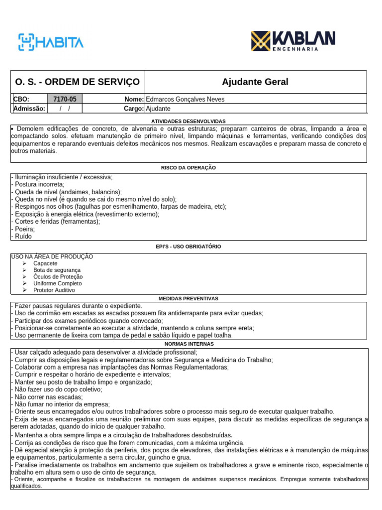 Ordem de Serviço: Ajudante Geral CBO 7170-05 | PDF